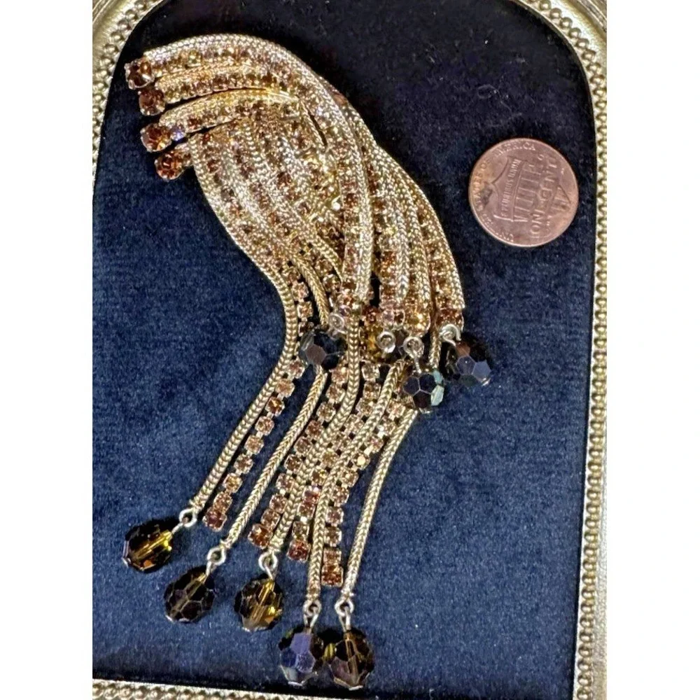 Vintage Gold Tone Waterfall Tassel Brooch Rhinestone Faceted Bead Dangle